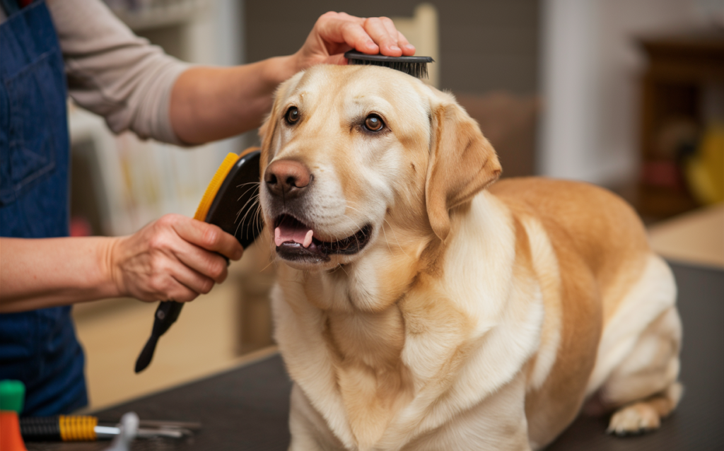 A Golden Labrador Retriever being groomed by its owner