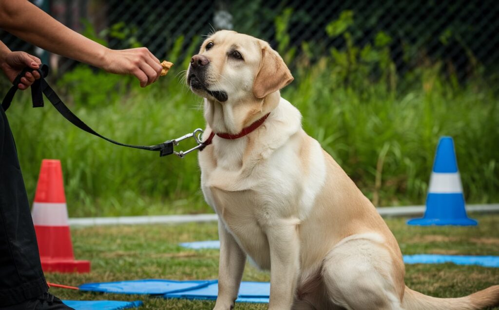 A Golden Labrador Retriever in a training session outdoors