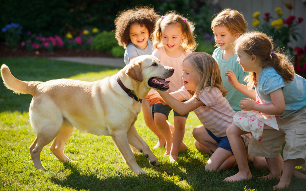 A Golden Labrador Retriever playing gently with a group of children 