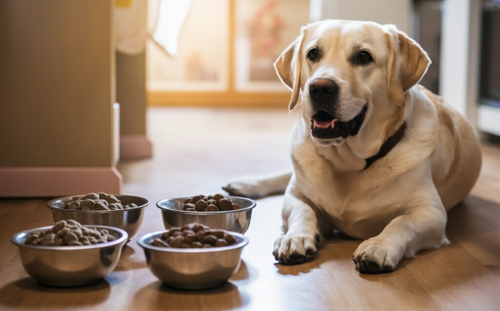 A Golden Labrador Retriever sitting next to a food bowl