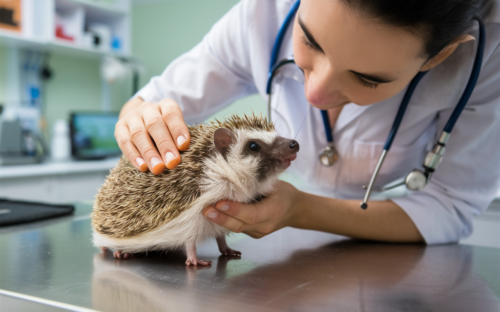 A hedgehog is receiving a check-up from an exotic pet veterinarian