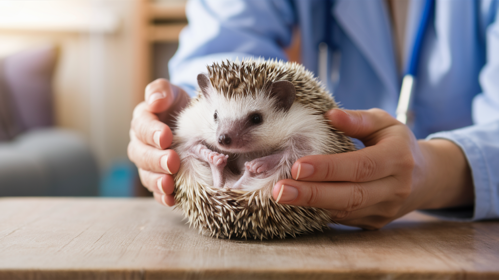  hedgehog being gently examined by a veterinarian in a home setting.