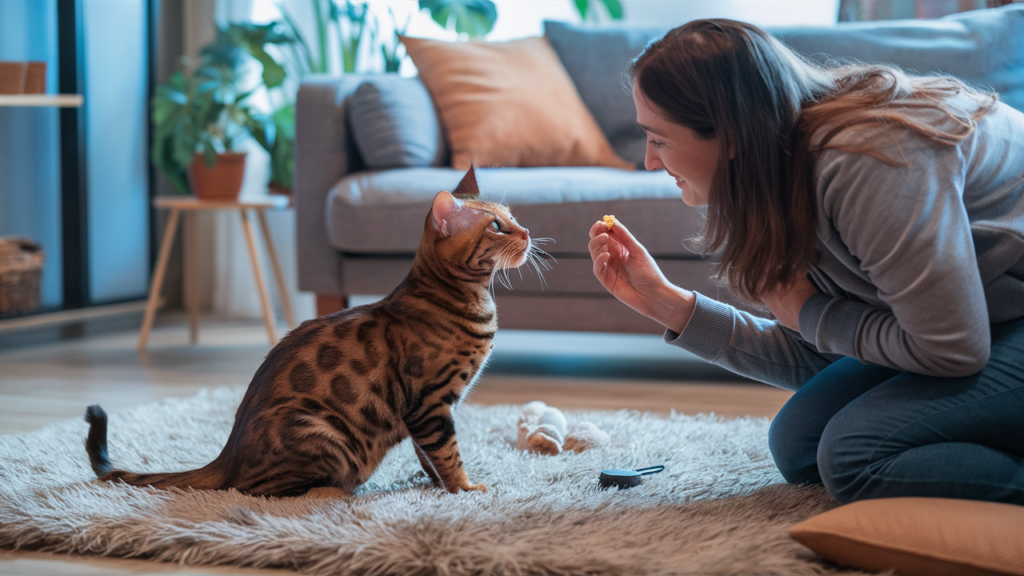 Bengal cat engaged in a training session