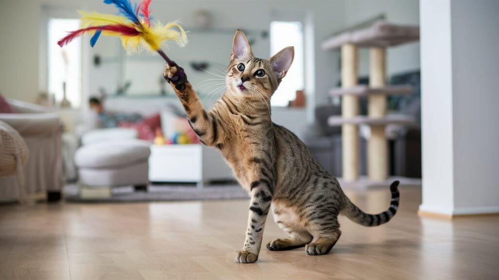 savannah cat with toys